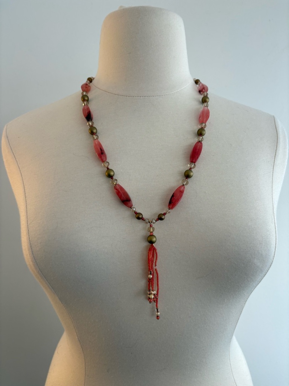 Handmade Pink Beaded Tassel Necklace with flower clasp - Picture 1 of 7